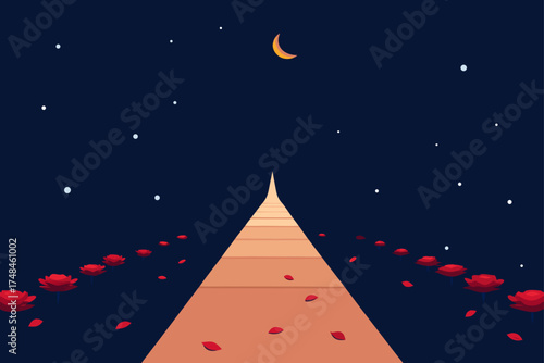 A surreal and dreamlike pathway lined with red roses under a starry night sky with a crescent moon leading to an unknown destination