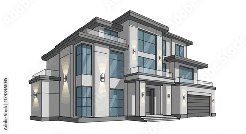 Modern Luxury House Architectural Rendering with Large Windows and Garage.