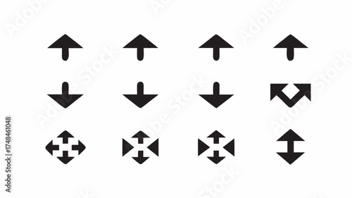 Illustration of twelve black arrow icons pointing up down and in various directions on a white background | editable eps vectors silhouette