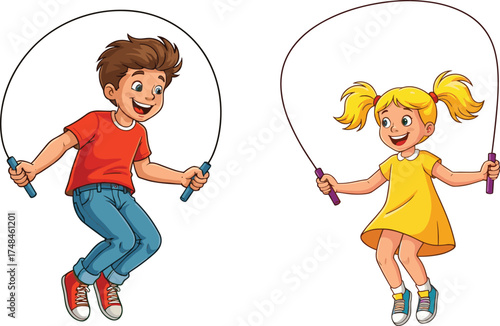Children jumping rope, boy and girl skipping, kids outdoor exercise, fun activity, joyful childhood, teamwork, imagination, playful learning, fitness, creativity