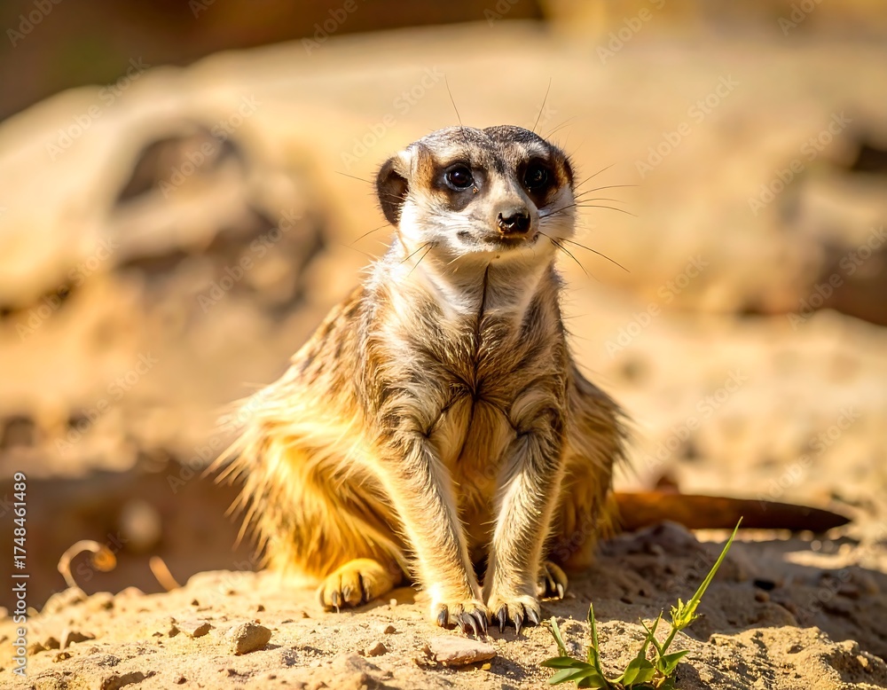 Fototapeta premium Alert meerkat sits on sandy terrain, sunlit