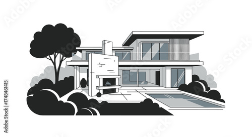 Modern Luxury House Illustration with Swimming Pool and Garden Landscape.