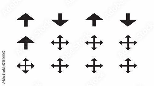 Black arrow symbols pointing up and down and four headed arrows arranged in a grid like pattern design | editable eps vectors silhouette