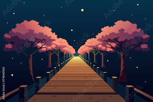 A serene pathway lined with blooming trees under a starry night sky leading to a distant bright light