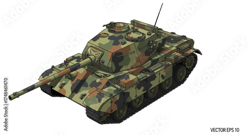 Camouflaged Military Tank with Detailed Tracks and Turret.