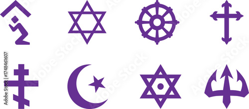 Purple religious symbols collection including cross, star, crescent, and other spiritual icons, faith and belief illustration set, minimalist sacred sign vector on white background.