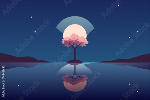 Serene minimalist illustration of a solitary pink blooming tree on a small island in a calm lake under a large pale moon and starry night sky with reflections