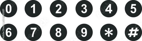 Black circular keypad buttons with white numbers and symbols 0 to 9, asterisk, and hash sign, minimalist phone dial pad icon set, simple numeric design for interface or technology use.