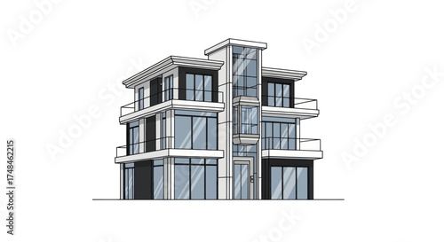 Modern Three-Story House with Balconies and Glass Elevator Shaft.