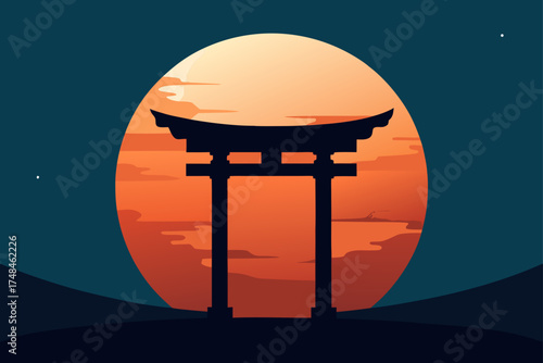 Silhouette of a traditional japanese torii gate against a vibrant orange sunset sky with a large full moon and stylized clouds