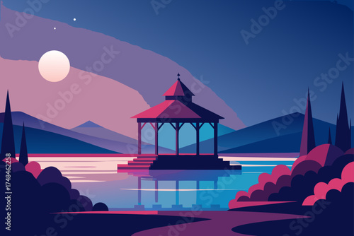 Tranquil twilight scene with a vibrant gazebo on a calm lake reflecting the moonlit sky and distant mountains