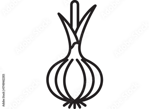 Simple line art illustration of a fresh onion with green sprouts against a white background.