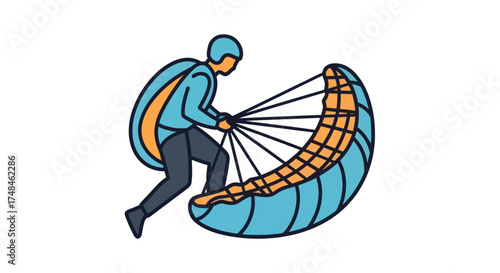 Cartoon illustration of a paraglider pilot preparing the blue and orange canopy for flight.