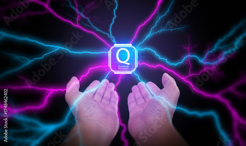 Powerful futuristic concept showing human hands generating digital energy toward a glowing quantum processor chip. Artificial intelligence, data power, next-generation computing innovation.