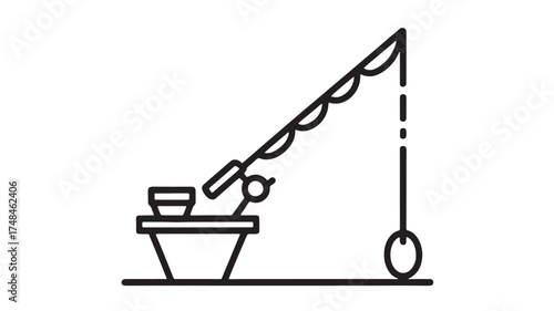 Minimalist line art depicts a fishing rod poised over a bucket, ready for a catch.
