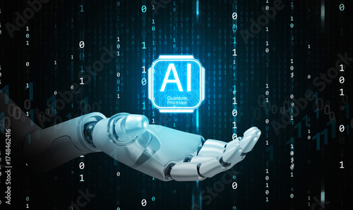 Powerful futuristic concept of robotic hand holding glowing AI quantum processor chip with binary code background. Advanced artificial intelligence, quantum computing, and data innovation.