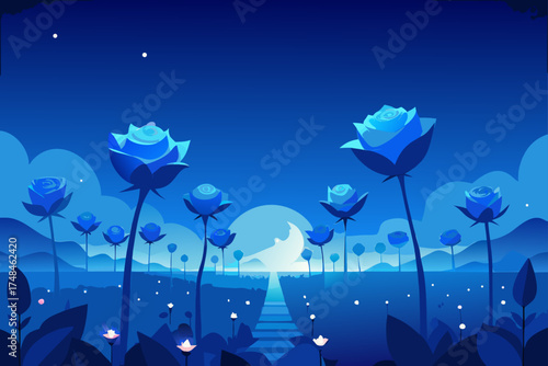 Enchanting blue roses bloom under a crescent moon in a surreal nocturnal landscape with glowing flowers and distant mountains