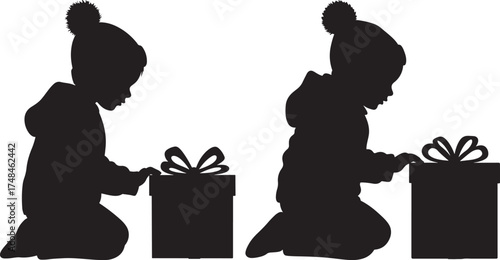 Two children in silhouette kneeling and opening gift boxes isolated on white background