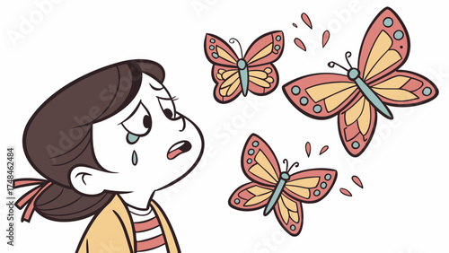 Emotional cartoon girl crying surrounded by bright butterflies showing sadness and hope 