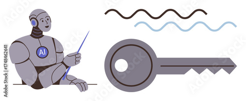 AI robot holding pointer near visual elements, key and wave signals represent digital security, encryption. Ideal for tech, AI, cybersecurity, education, data protection, analytics simple flat