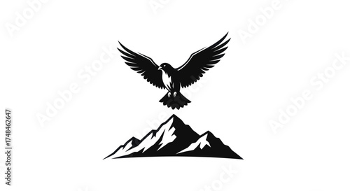 Majestic Eagle Soaring Above Mountain Peaks Black and White Silhouette.