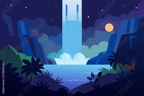 Serene night landscape with a majestic waterfall cascading into a tranquil pool surrounded by lush foliage and rocky cliffs under a starry sky with a full moon
