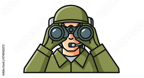 Soldier with Binoculars: Cartoon Illustration of a Military Figure Observing.