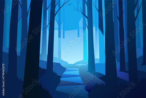 Enchanting blue forest path bathed in ethereal moonlight leading through tall trees towards a distant glowing horizon