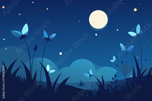 Enchanting night scene with delicate blue butterflies fluttering around tall grass and flowers under a luminous full moon and starry sky