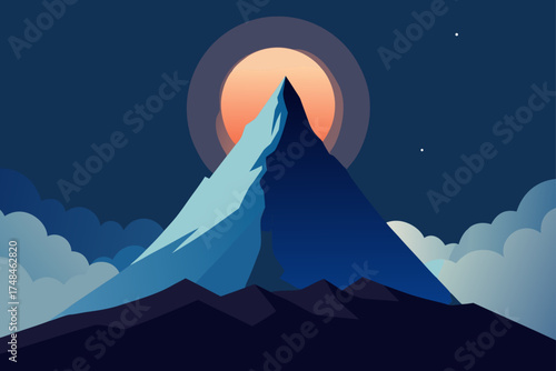 Stylized minimalist mountain peak illuminated by a large glowing orange sun behind it against a deep blue night sky with clouds and stars