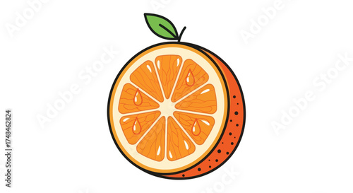 Cartoon Style Orange Fruit Cut in Half with Visible Segments and Green Leaf.