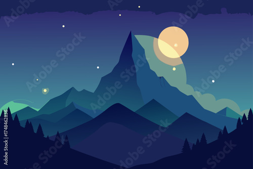 Serene minimalist mountain landscape under a starry night sky with a glowing moon and silhouetted pine trees in the foreground