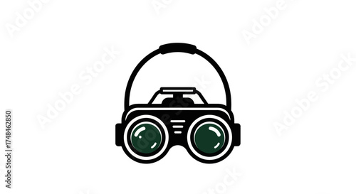 Black Binoculars with Green Lenses and Carrying Strap.