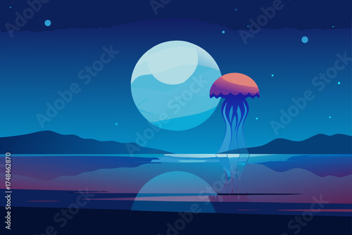 A surreal night landscape featuring a giant luminous moon and a glowing jellyfish floating serenely over a calm reflective body of water with distant mountains under a starry sky