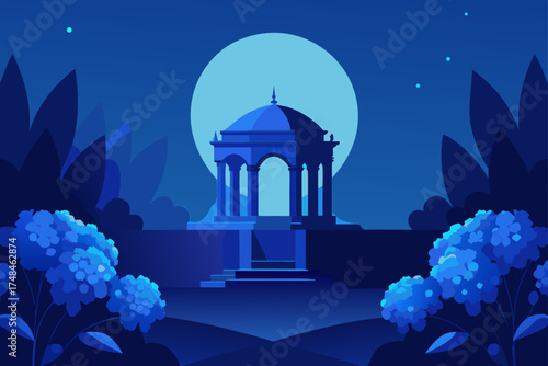 Serene blue night landscape featuring a classical gazebo bathed in moonlight surrounded by lush foliage and blooming flowers