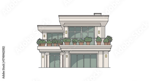 Modern Two-Story House with Balconies and Potted Plants Architectural Illustration.