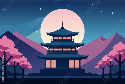 Serene japanese pagoda temple under a large full moon surrounded by pink cherry blossom trees and purple mountains at night