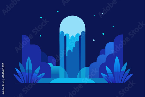 Stylized abstract illustration of a cascading waterfall with layered blue hills and tropical plants under a dark night sky with glowing dots