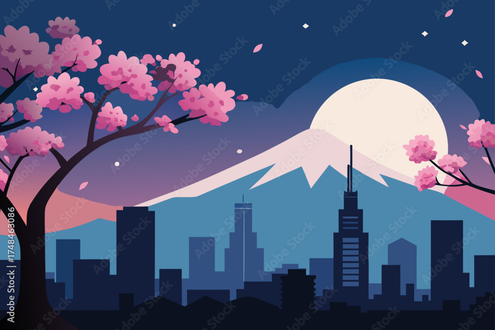 Fototapeta premium Serene mount fuji over a modern city skyline under a starry night sky with blooming cherry blossoms
