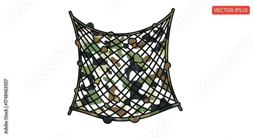 Flexible Black Mesh Cargo Net Filled with Camouflage Patterned Objects.