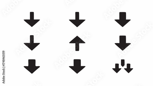 A collection of nine black arrow icons pointing downwards and upwards arranged in a rectangular pattern | editable eps vectors silhouette