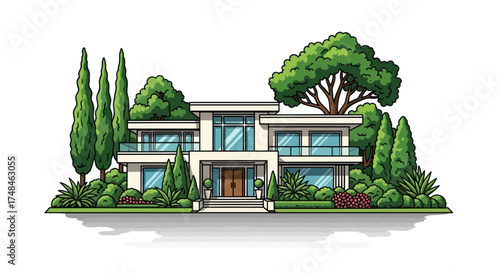 Modern Luxury House with Lush Green Landscaping Vector Illustration.