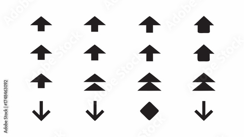 A collection of sixteen black arrow icons pointing up and down and a diamond shape on a white background | editable eps vectors silhouette