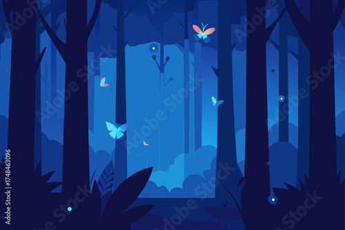 Enchanting blue forest at dusk with glowing fireflies and colorful butterflies fluttering among the trees and foliage
