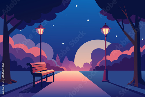 Tranquil park bench illuminated by streetlights under a starry twilight sky with a large moon and colorful clouds