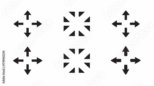 Illustration showing six black directional arrows and triangular shapes arranged in a symmetrical pattern | editable eps vectors silhouette