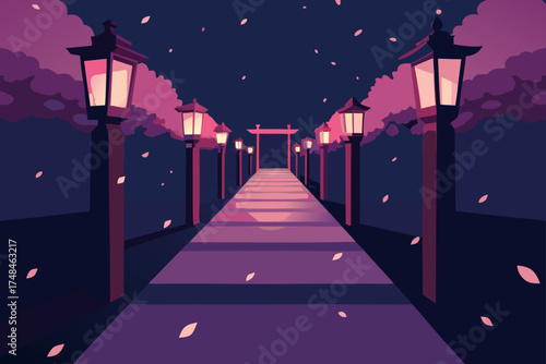 Serene path through a japanese garden lined with glowing lanterns and cherry blossom petals falling at twilight