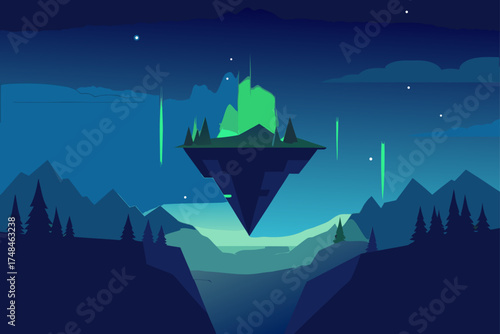 Surreal floating island with glowing green crystals and trees against a dark blue night sky with mountains and clouds
