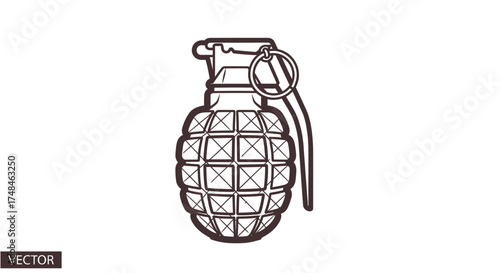 Detailed Black and White Hand Grenade Outline Illustration.