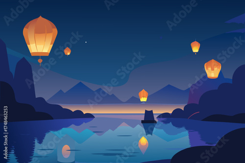 Serene night landscape featuring glowing orange sky lanterns floating above a tranquil lake reflecting mountains and the starry sky